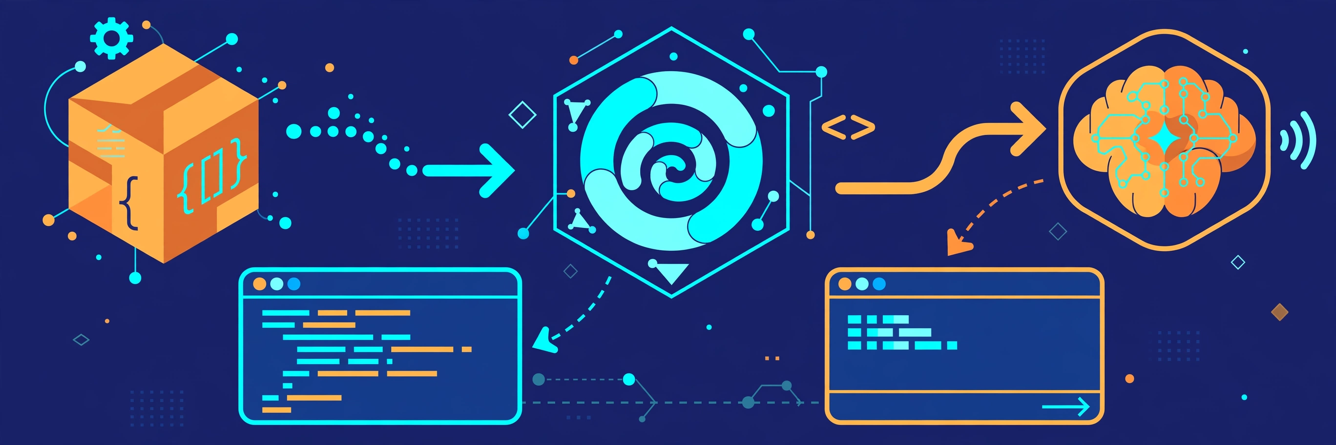 Illustration of Java and Python concepts connected through code modules and data flow