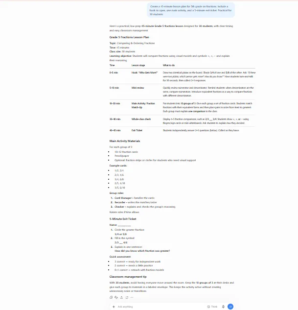 AI-generated 45-minute fractions lesson plan with timings and exit ticket