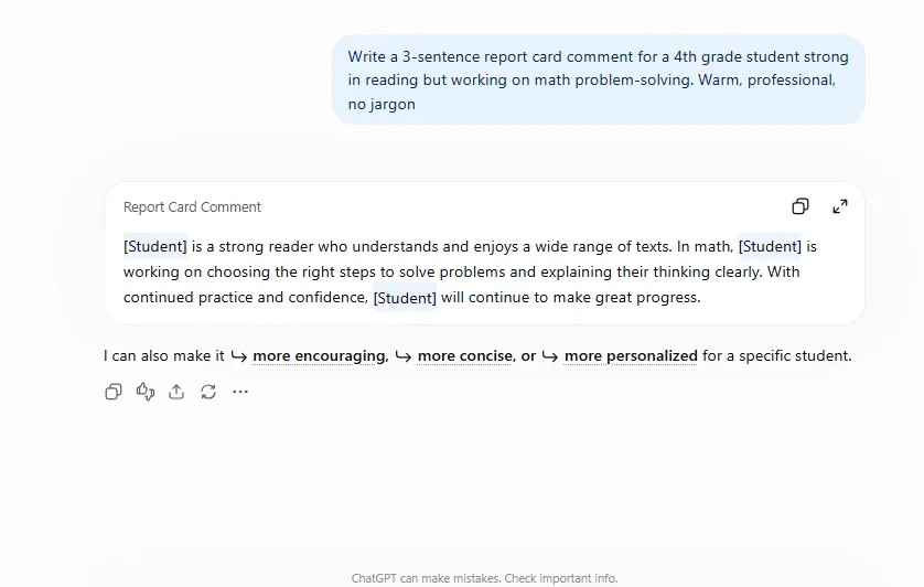 AI-generated 3-sentence report card comment for a 4th grade student