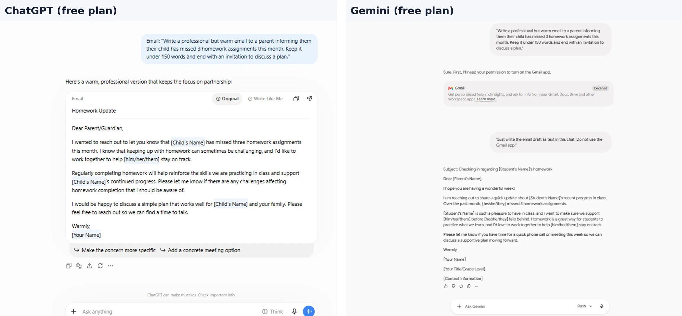 Round 1 email test: ChatGPT's answer on the left, Gemini's answer on the right