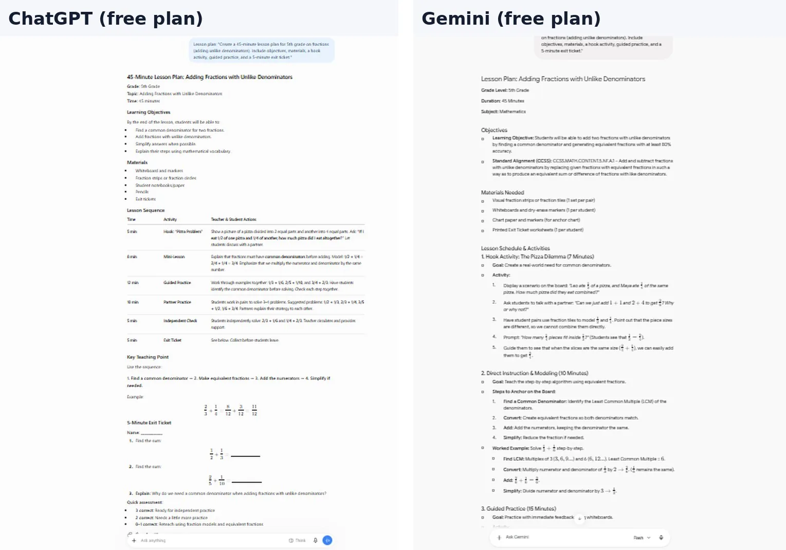 Round 2 lesson plan test: ChatGPT's answer on the left, Gemini's answer on the right