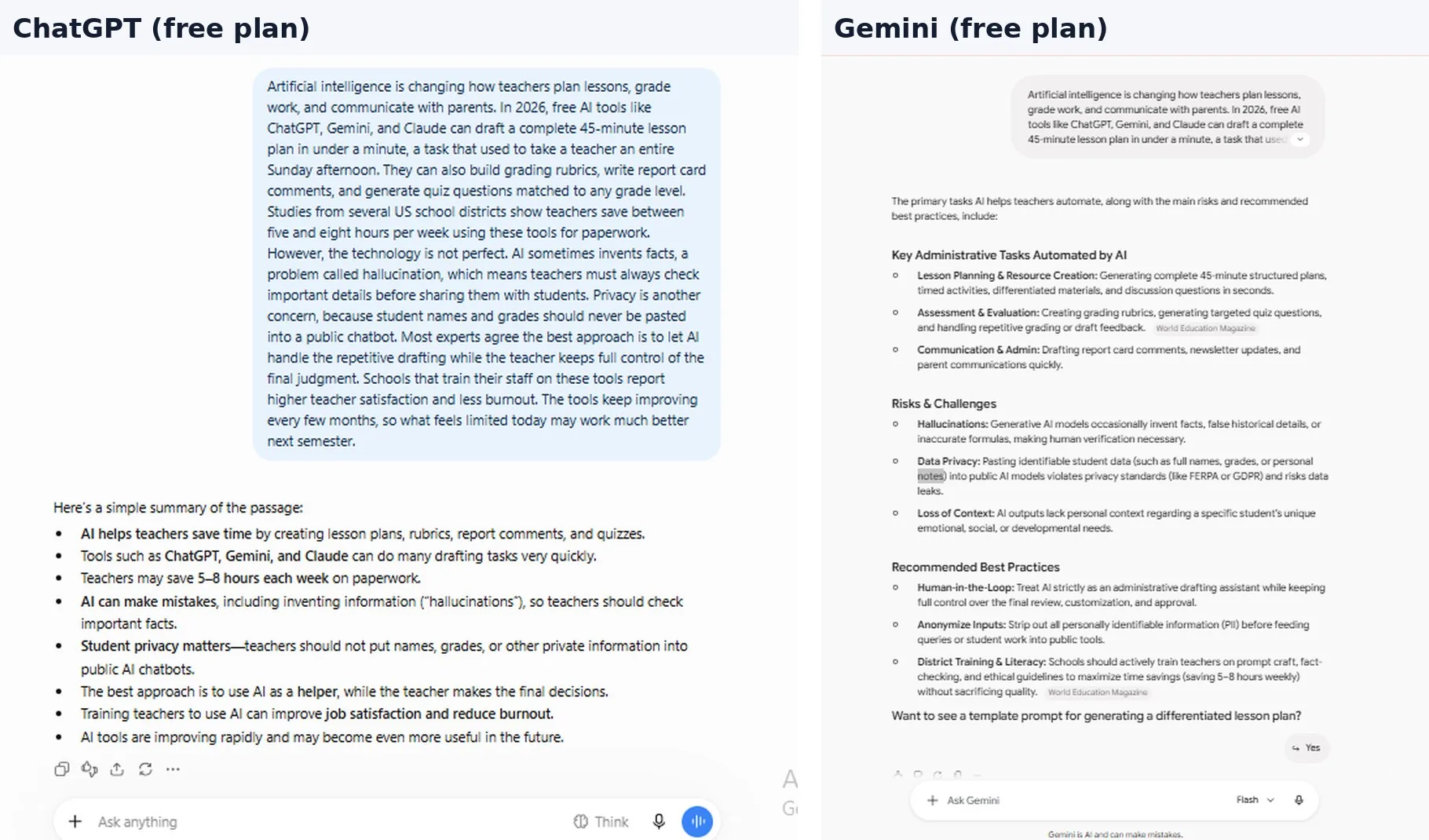 Round 5 summary test: ChatGPT's answer on the left, Gemini's answer on the right